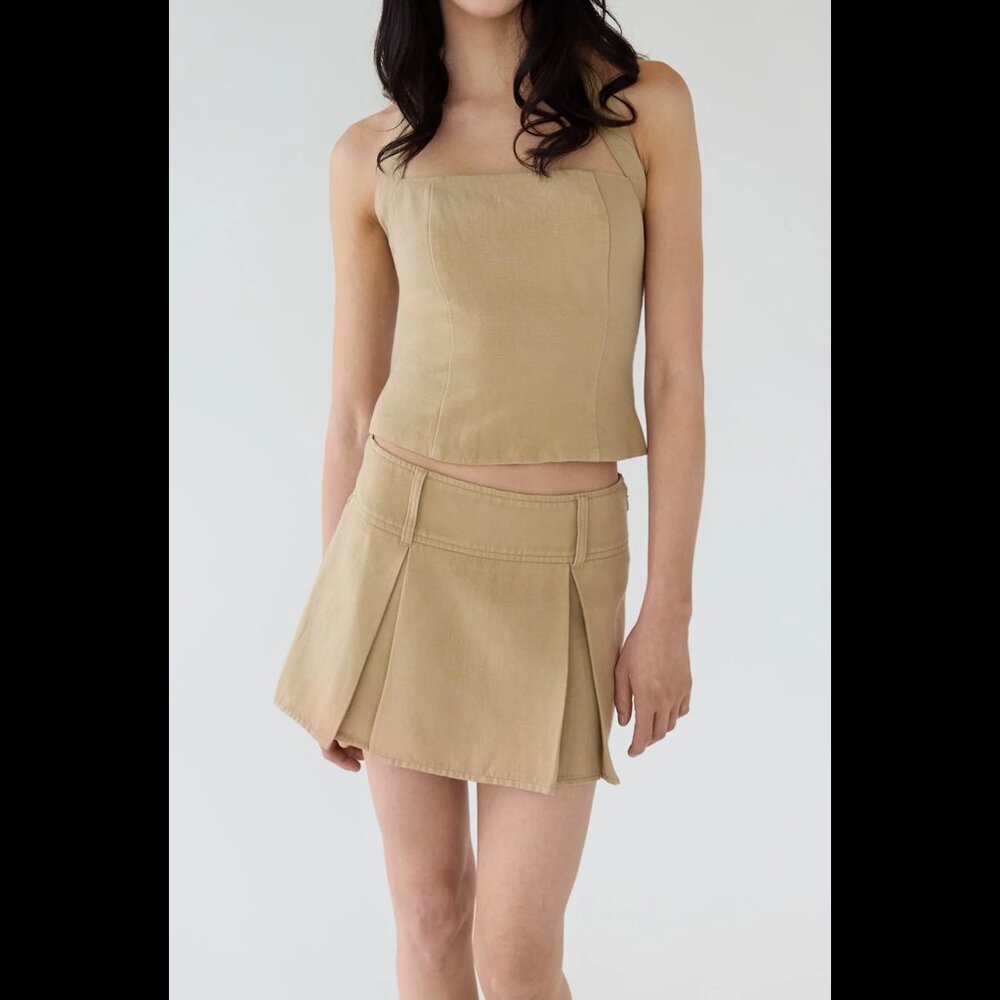 LINEN BLEND PLEATED MINI SKIRT Oak Fort